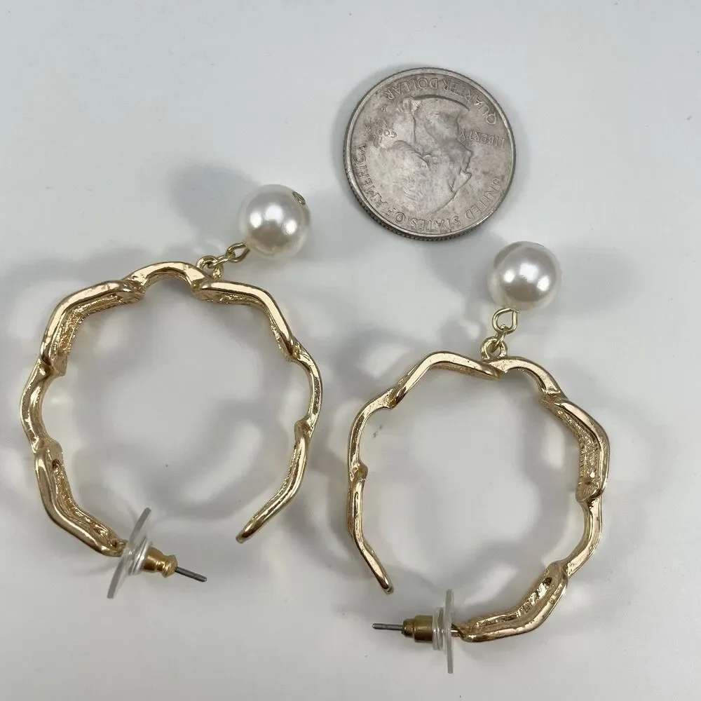 Statement Gold Tone Chain Hoop Faux Pearl Dangle Earrings Boho Fashion Boho